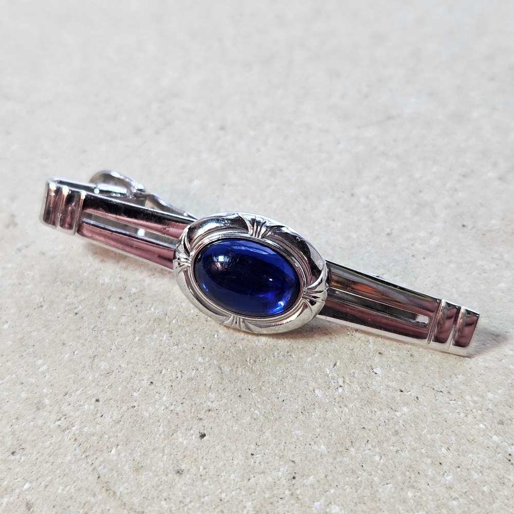 Vtg 80s 90s Anson Silver Tone Tie Bar Slide Blue Oval‎ Cabochon Mens Retro